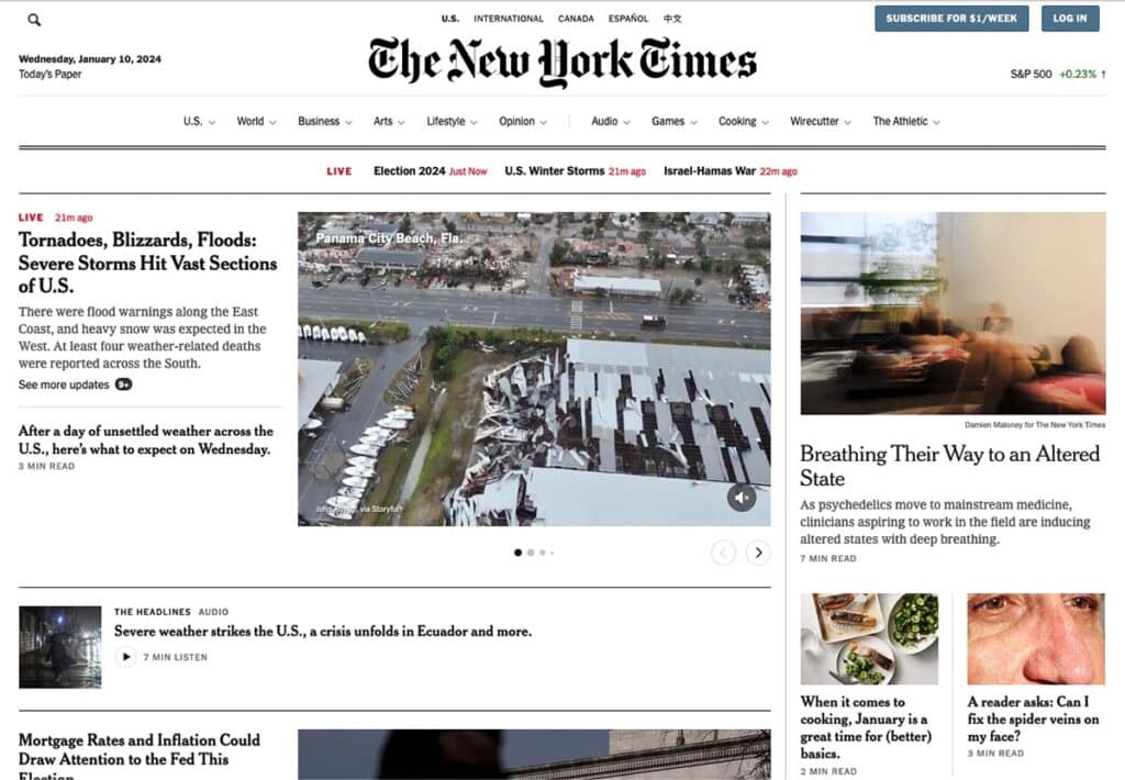 Cover screen from the New York Times online edition from January 10, 2024, depicting the breathwork article on the right.